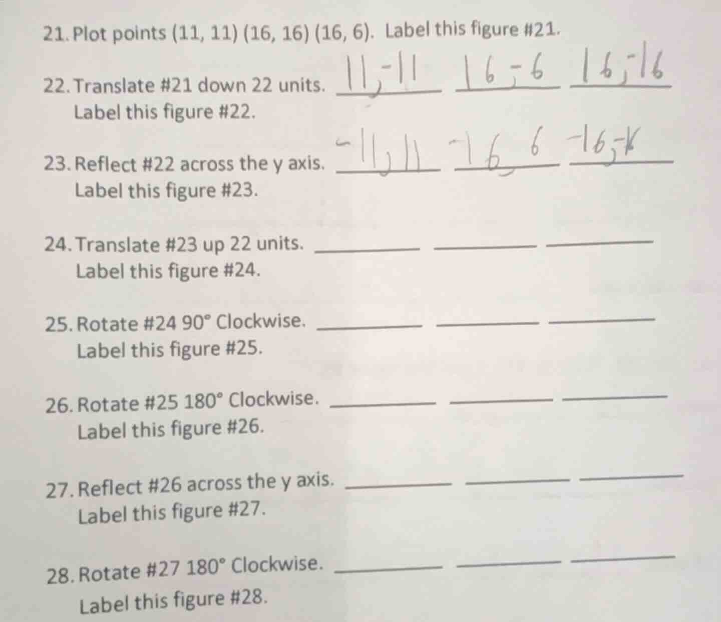 21. plot points (11, 11) (16, 16) (16, 6). label this figure #21. 22. t…