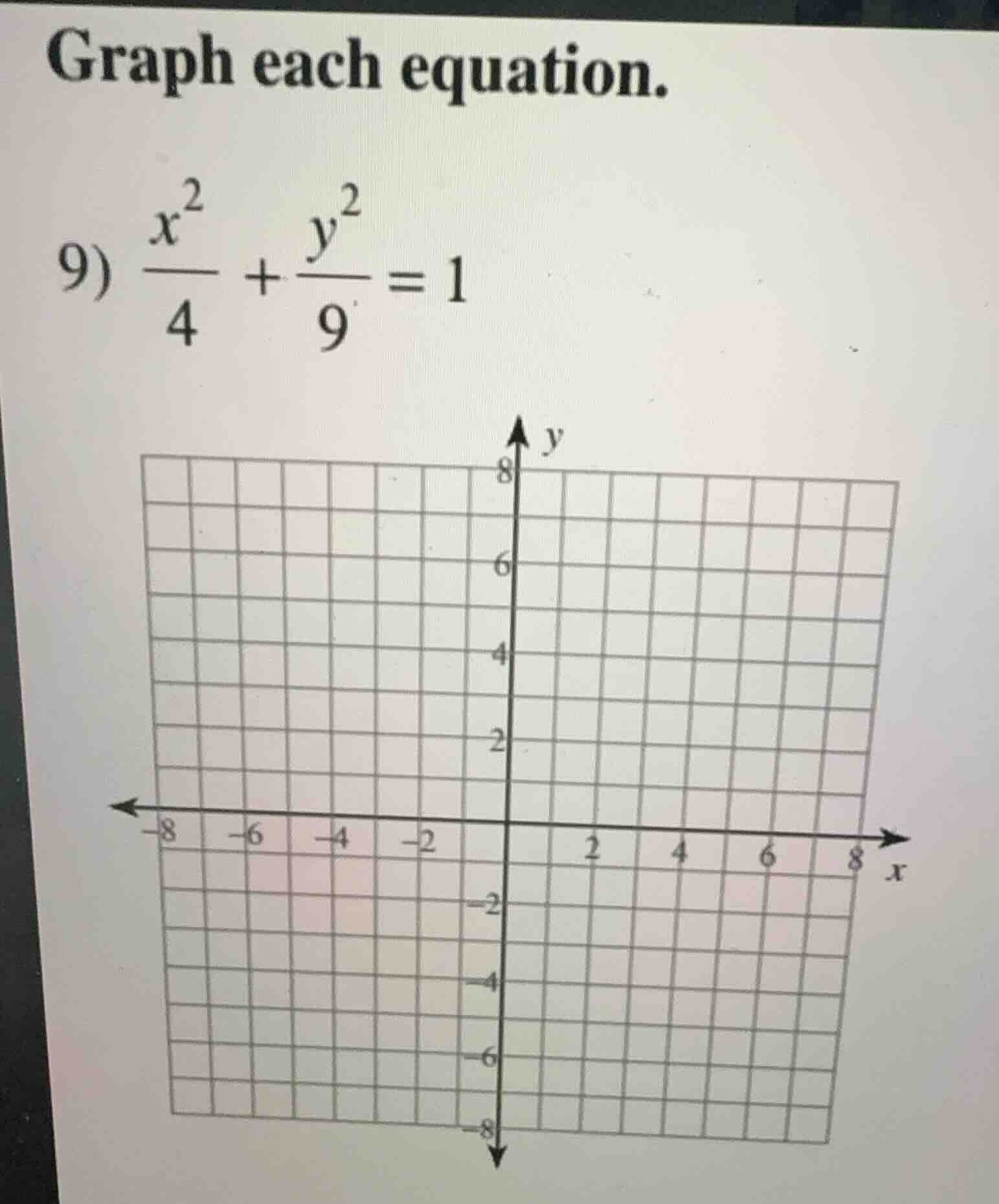 graph each equation. 9) \\(\\frac{x^2}{4} + \\frac{y^2}{9} = 1\\)