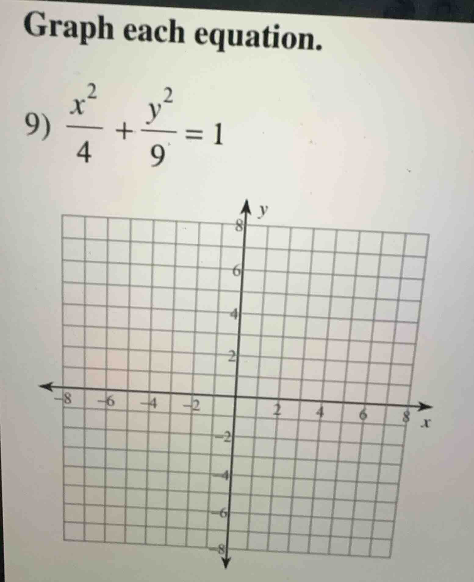 graph each equation. 9) \\(\\frac{x^2}{4} + \\frac{y^2}{9} = 1\\)