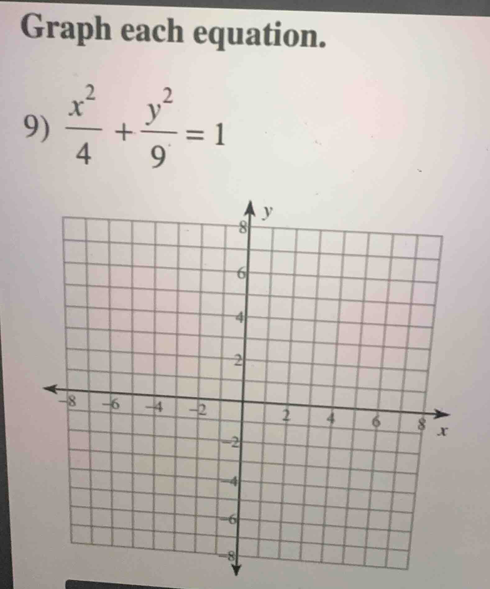 graph each equation. 9) \\(\\frac{x^2}{4} + \\frac{y^2}{9} = 1\\)