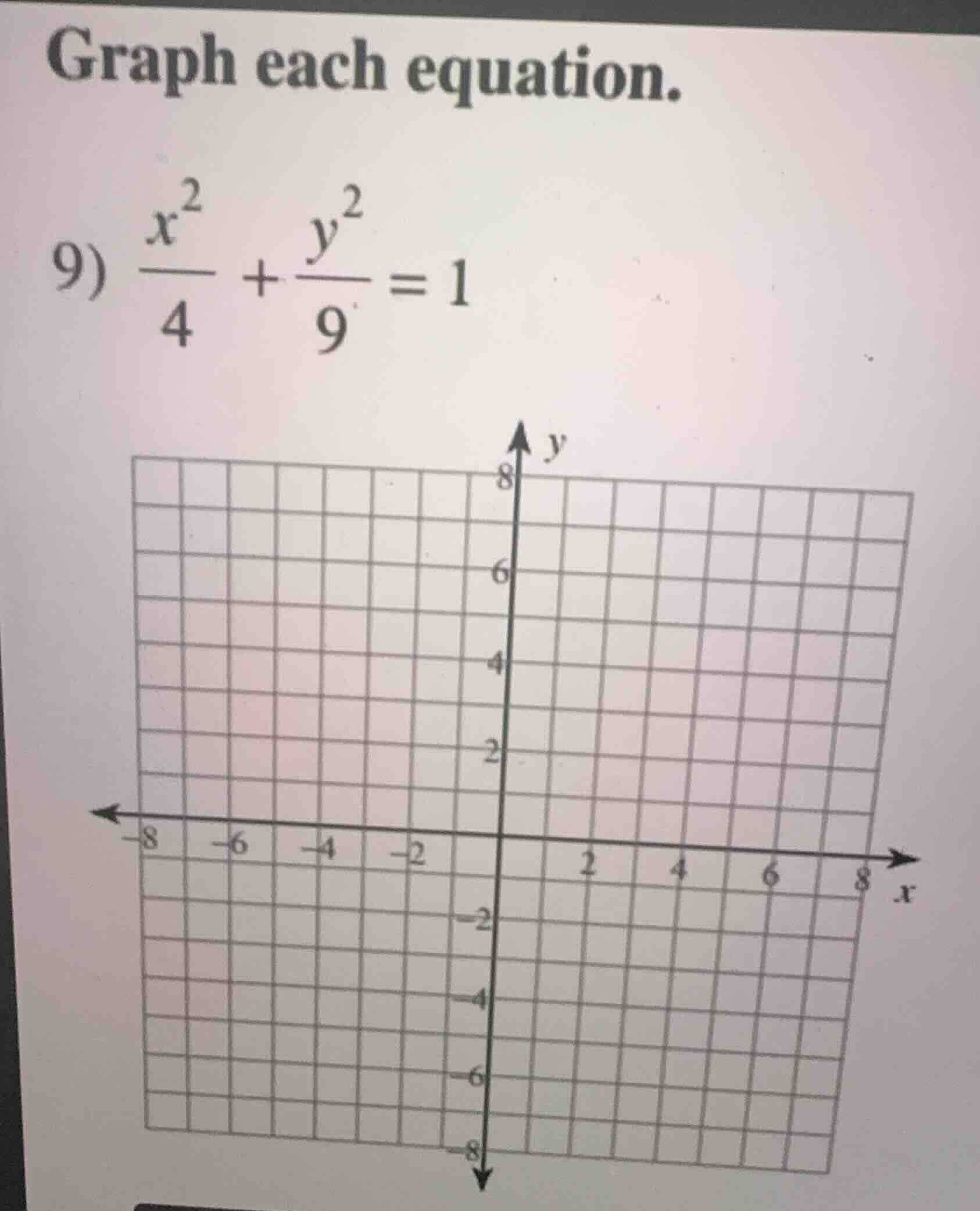 graph each equation. 9) \\(\\frac{x^2}{4} + \\frac{y^2}{9} = 1\\)