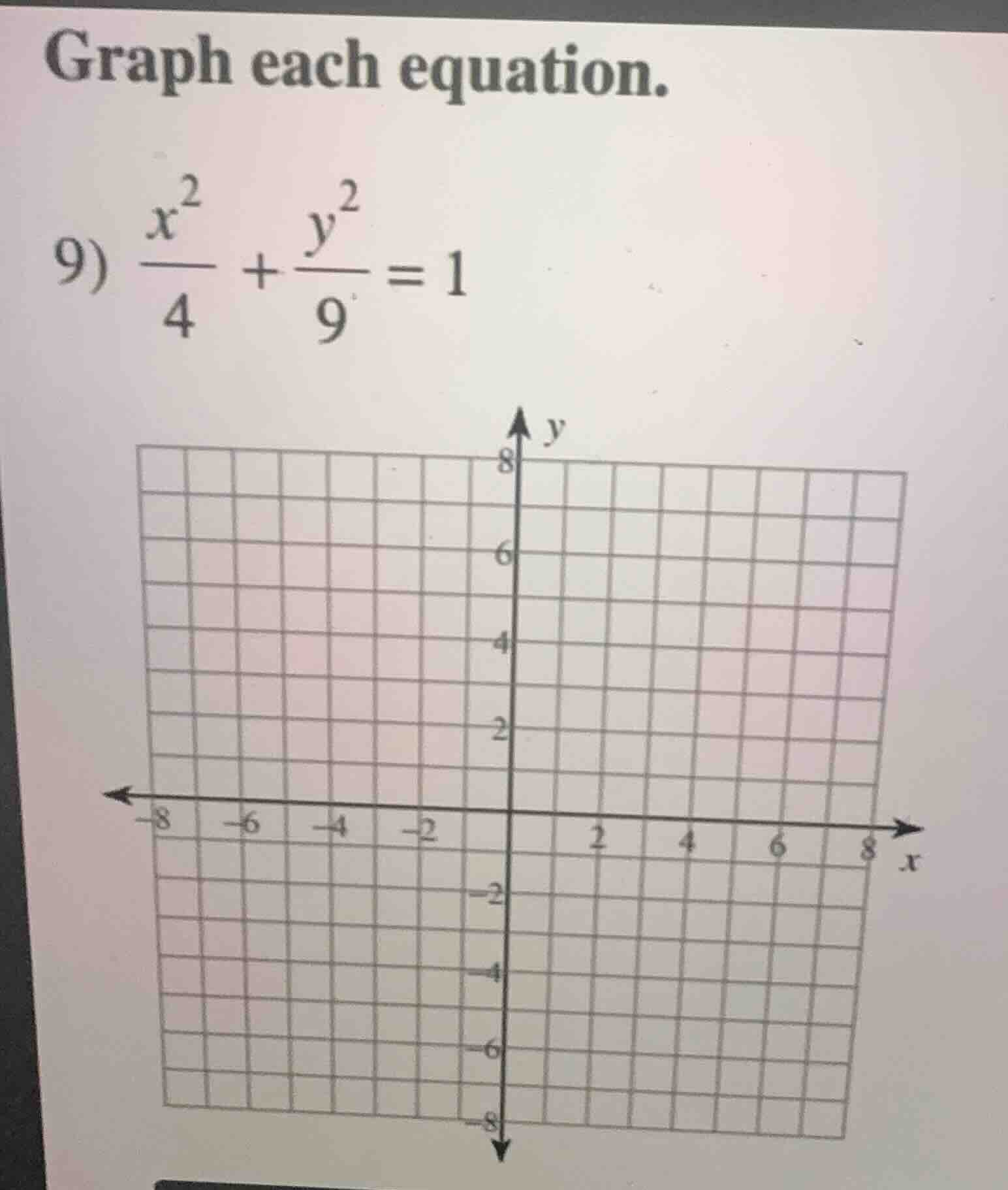 graph each equation. 9) \\(\\frac{x^2}{4} + \\frac{y^2}{9} = 1\\)
