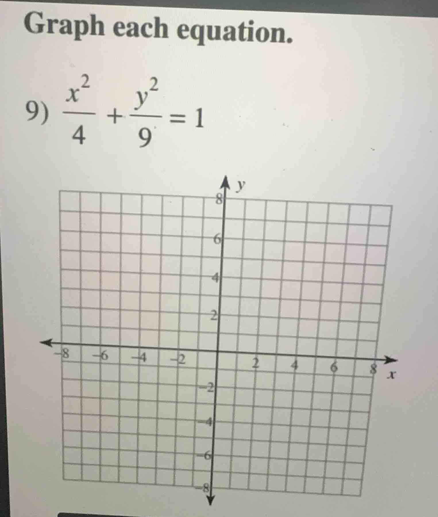 graph each equation. 9) \\(\\frac{x^2}{4} + \\frac{y^2}{9} = 1\\)