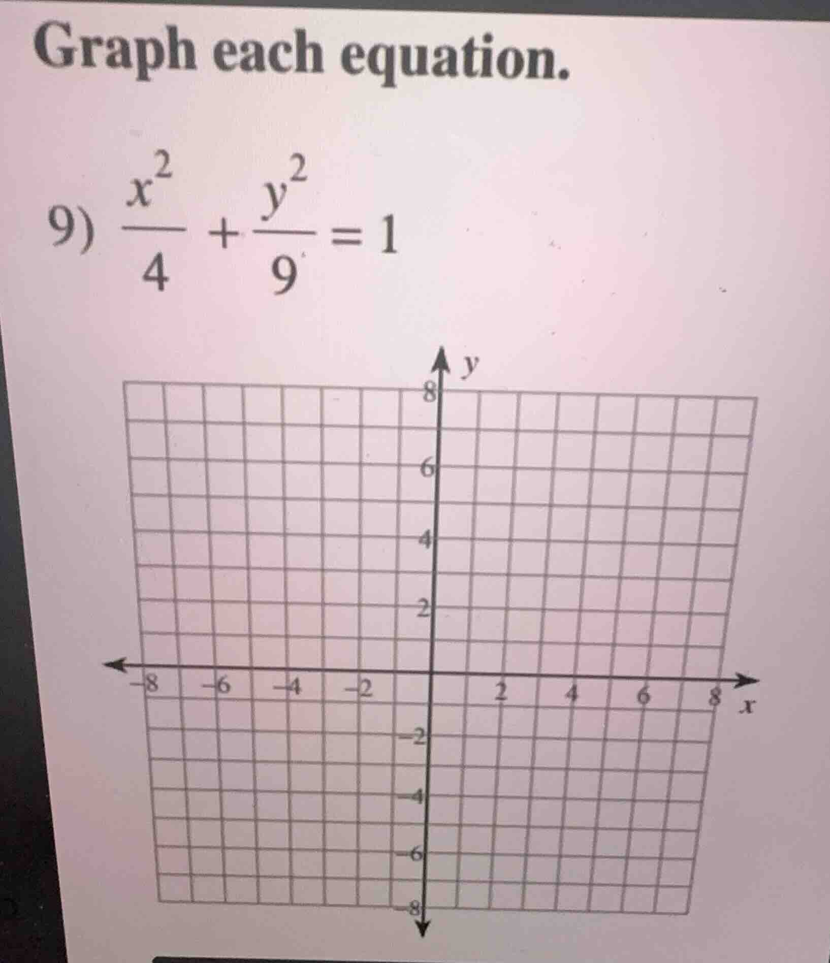 graph each equation. 9) \\(\\frac{x^2}{4} + \\frac{y^2}{9} = 1\\)
