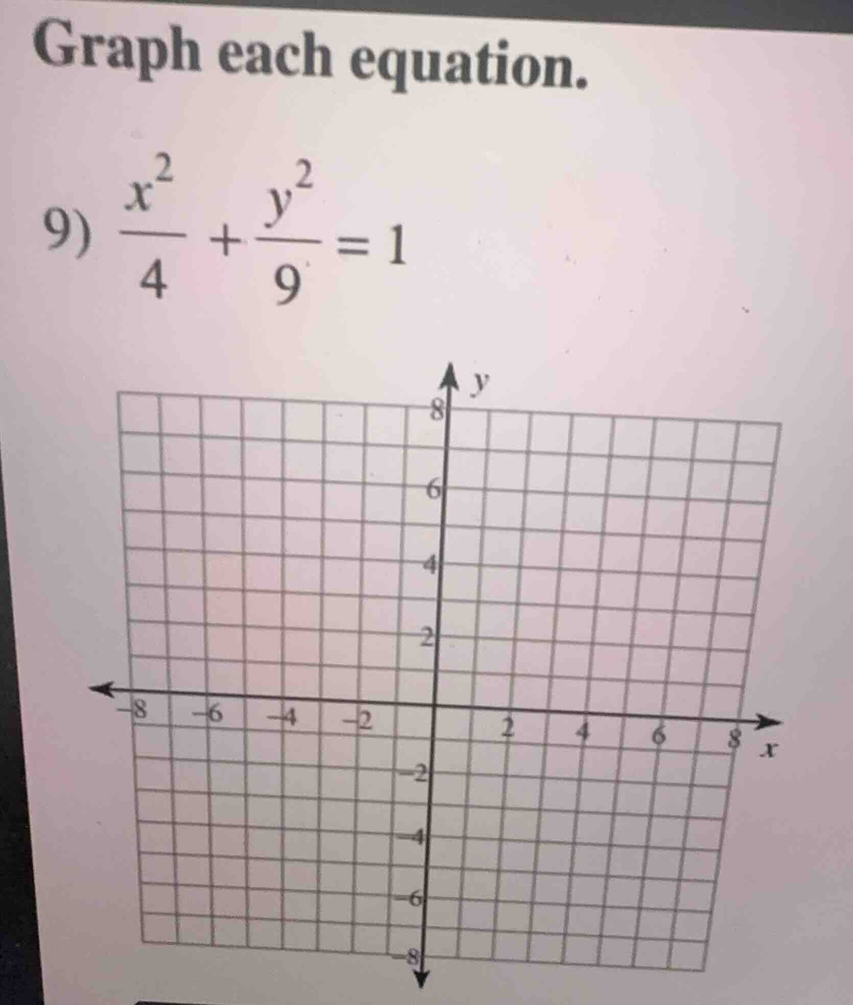 graph each equation. 9) \\(\\frac{x^2}{4} + \\frac{y^2}{9} = 1\\)