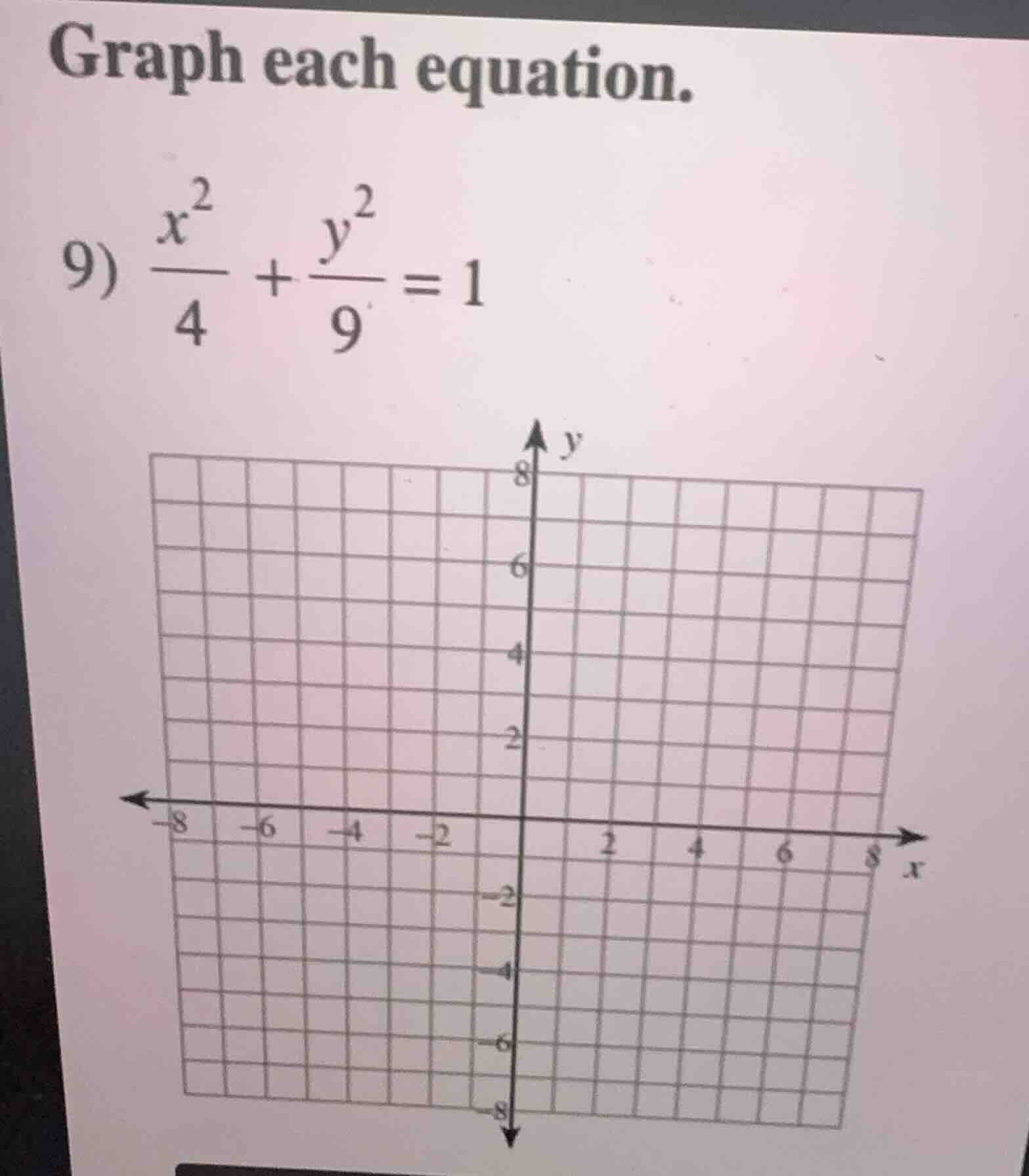 graph each equation. 9) $\\frac{x^2}{4} + \\frac{y^2}{9} = 1$