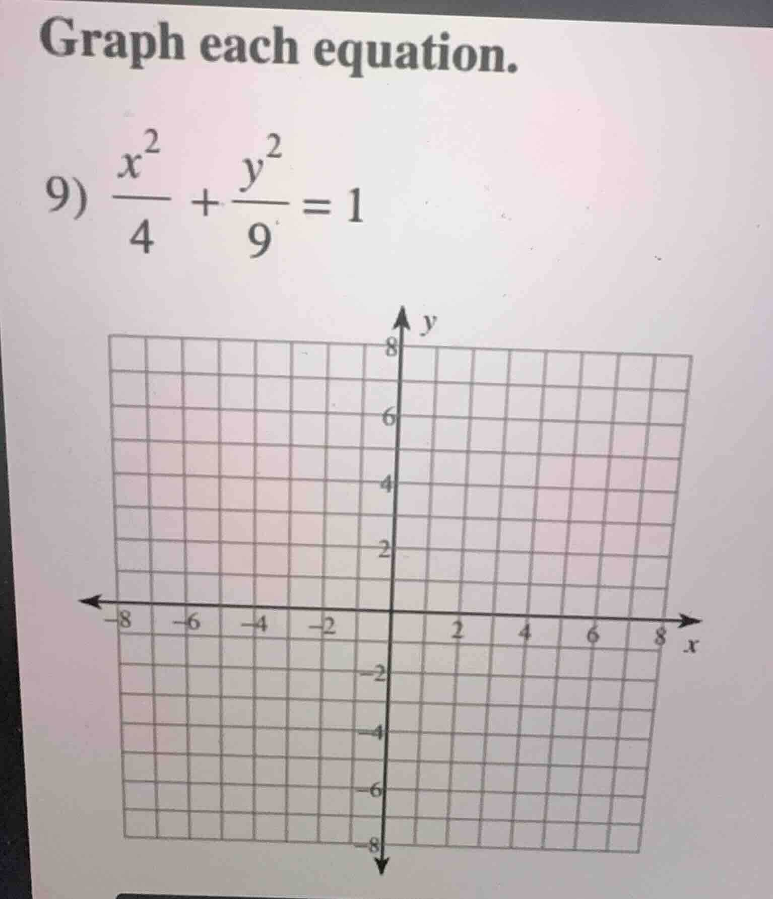 graph each equation. 9) \\(\\frac{x^2}{4} + \\frac{y^2}{9} = 1\\)