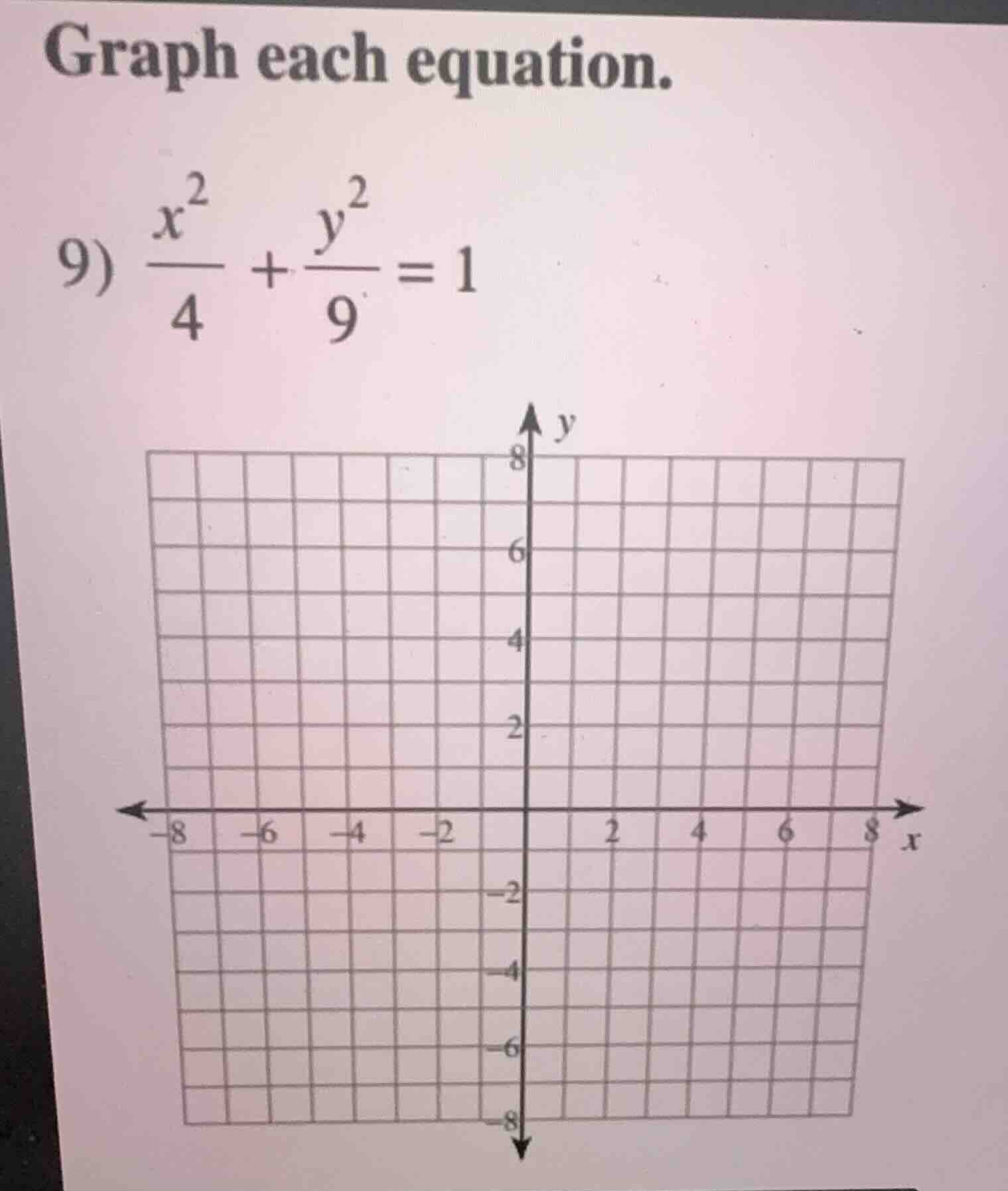 graph each equation. 9) \\(\\frac{x^2}{4} + \\frac{y^2}{9} = 1\\)