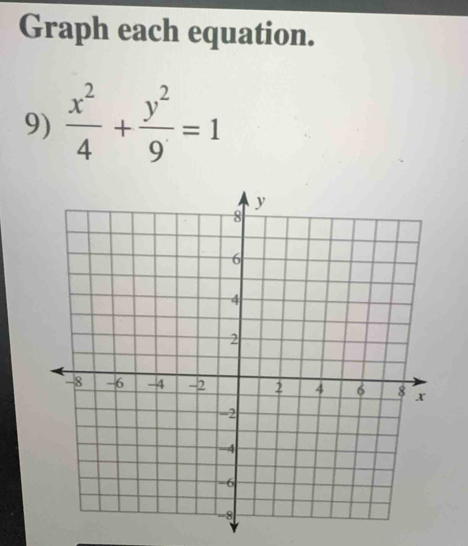 graph each equation. 9) \\(\\frac{x^2}{4} + \\frac{y^2}{9} = 1\\)