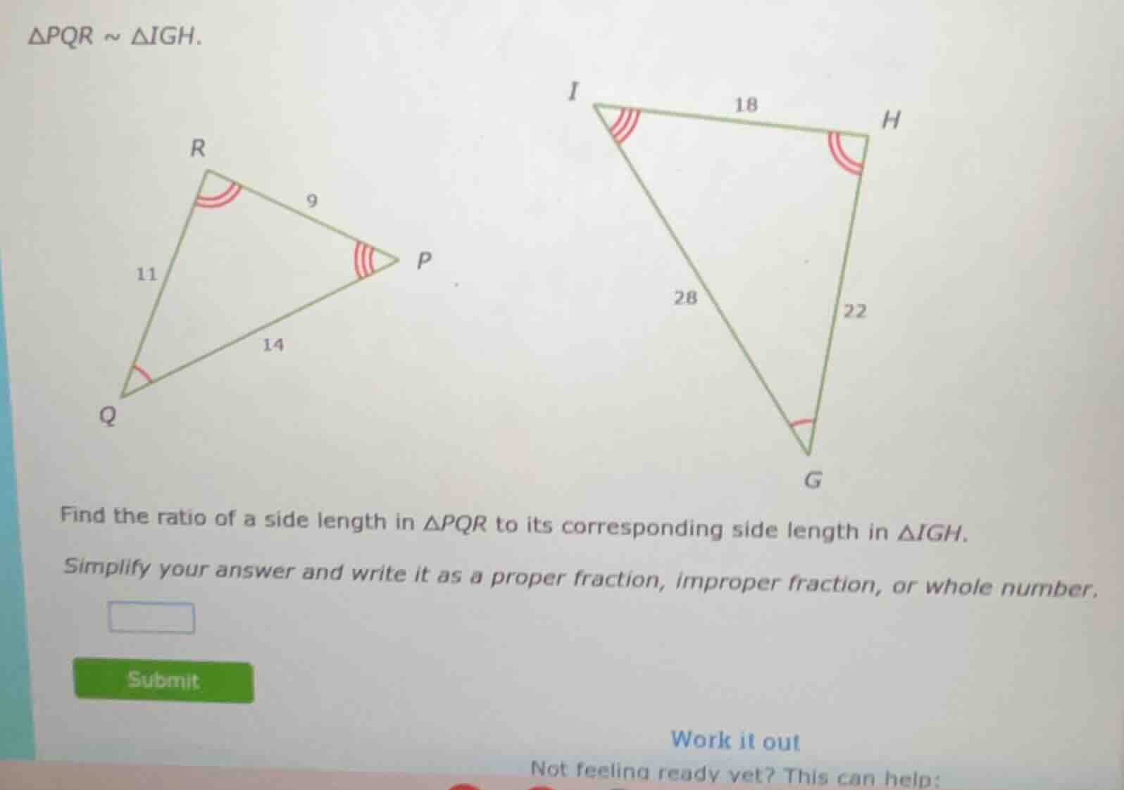 $\\triangle pqr \\sim \\triangle igh$. find the ratio of a side length …