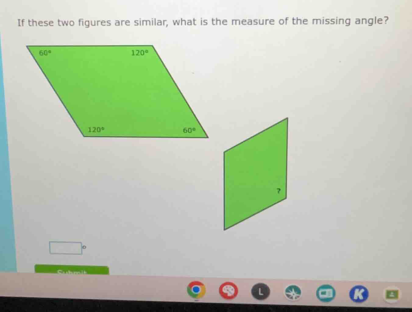 if these two figures are similar, what is the measure of the missing an…