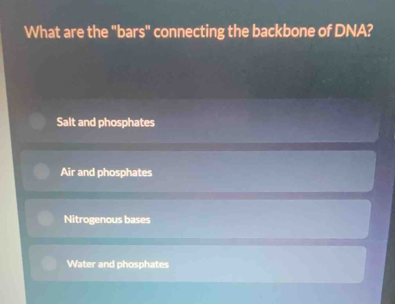 what are the \bars\ connecting the backbone of dna? salt and phosphates…