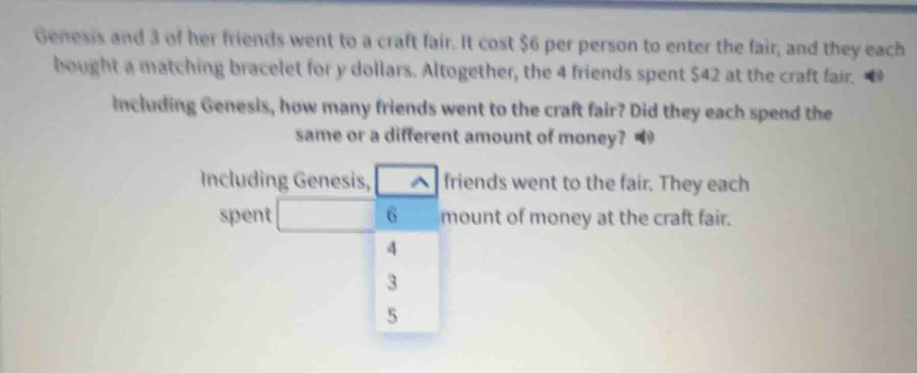 genesis and 3 of her friends went to a craft fair. it cost $6 per perso…