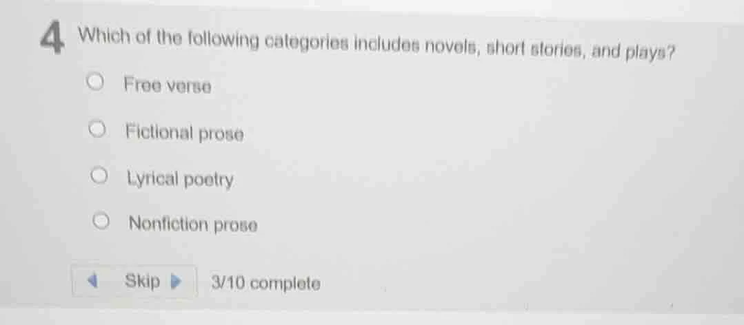 4 which of the following categories includes novels, short stories, and…