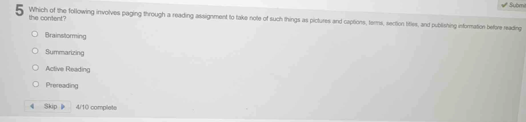5 which of the following involves paging through a reading assignment t…