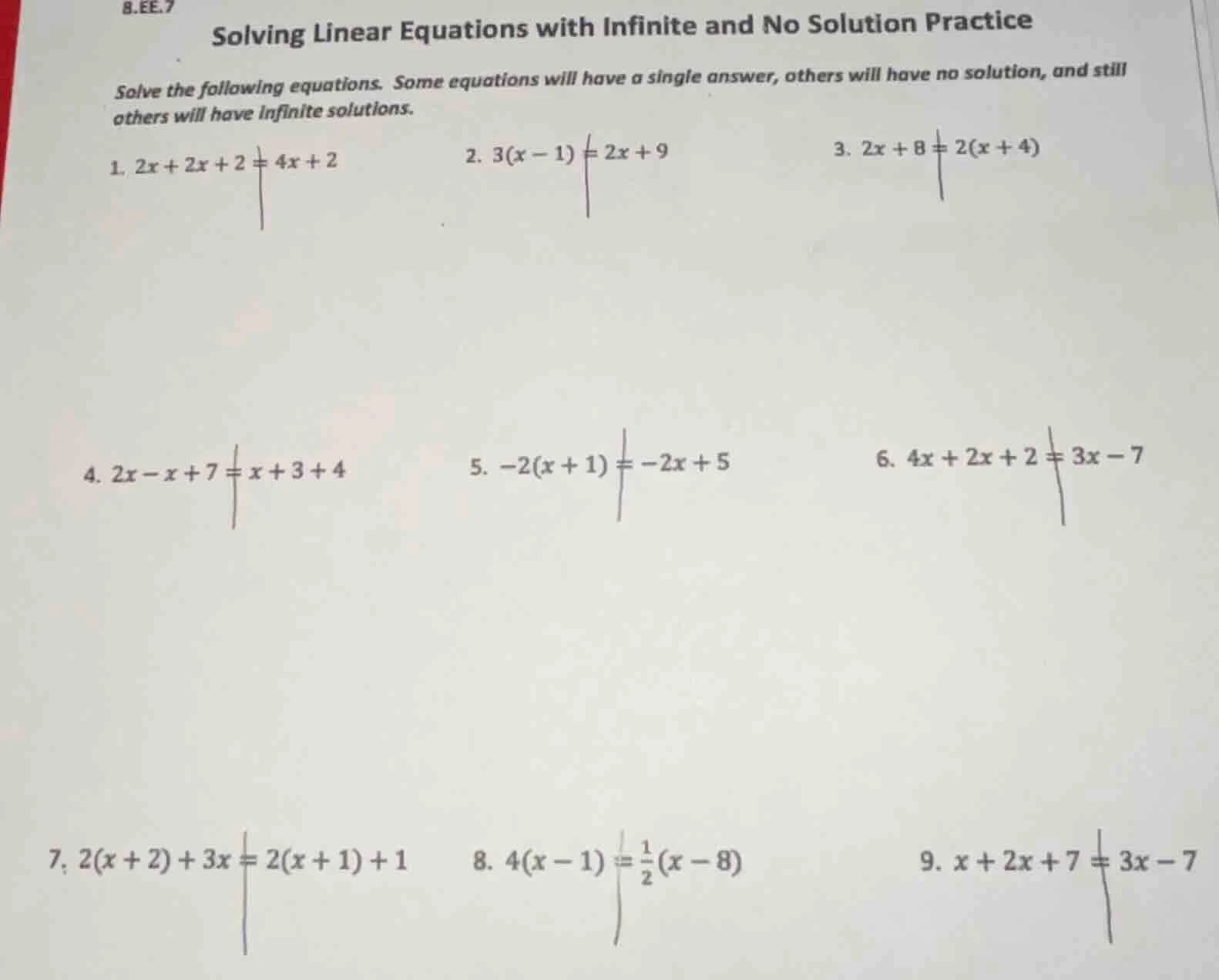 8.ee.7 solving linear equations with infinite and no solution practice …