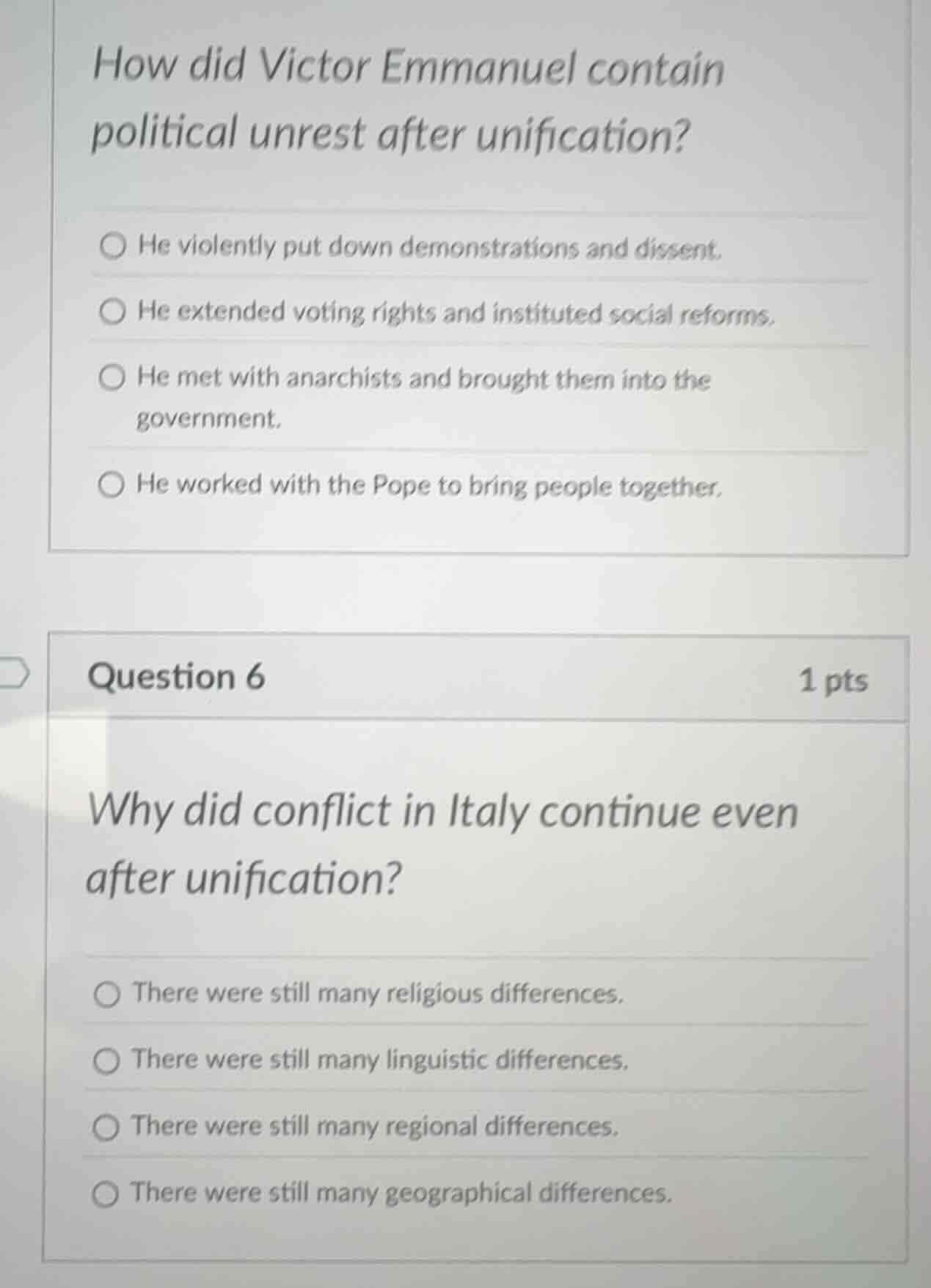 how did victor emmanuel contain political unrest after unification? he …