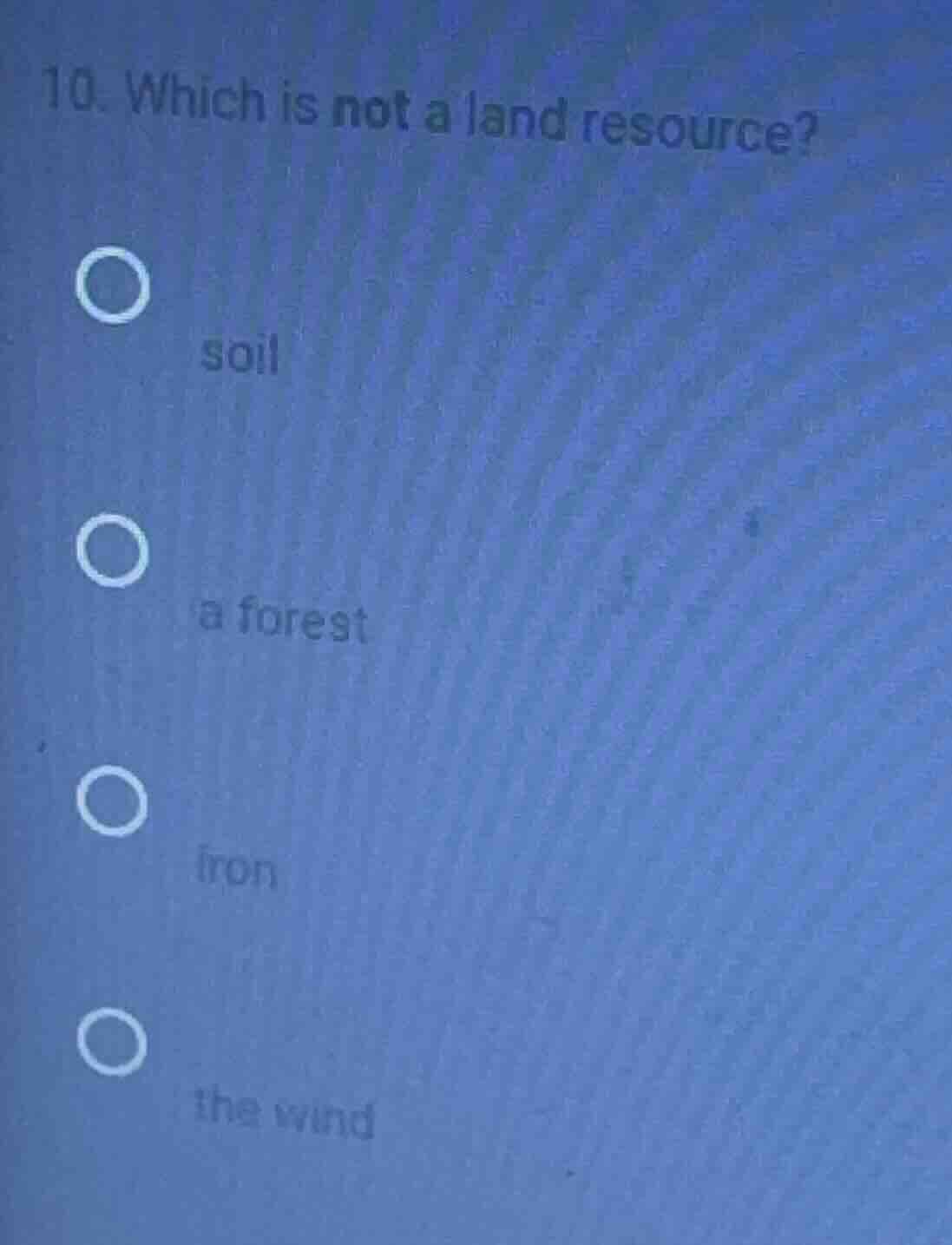 10. which is not a land resource? soil a forest iron the wind