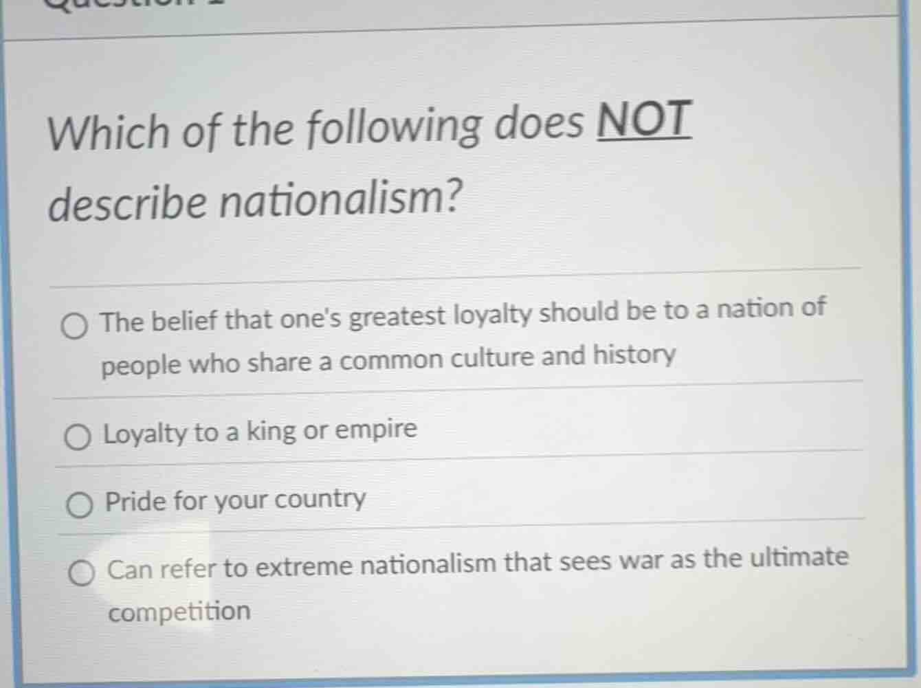 which of the following does not describe nationalism? the belief that o…