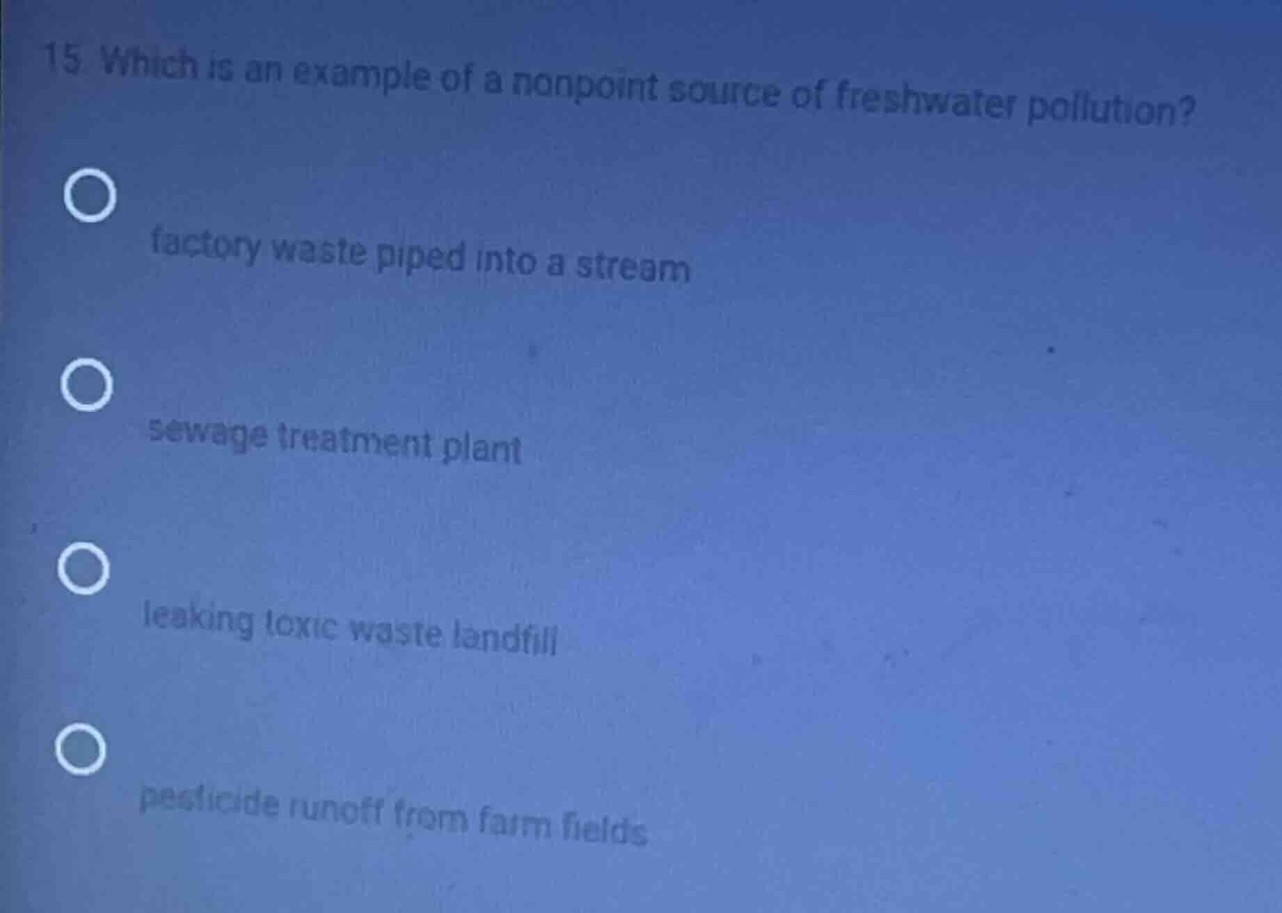 15 which is an example of a nonpoint source of freshwater pollution? fa…