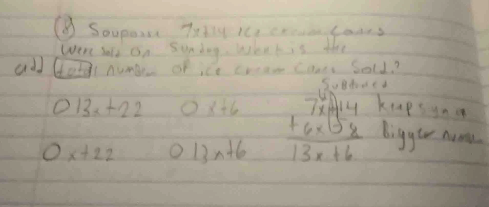 suppose 7x +14 ice cream cones were sold on sunday. what is the total n…