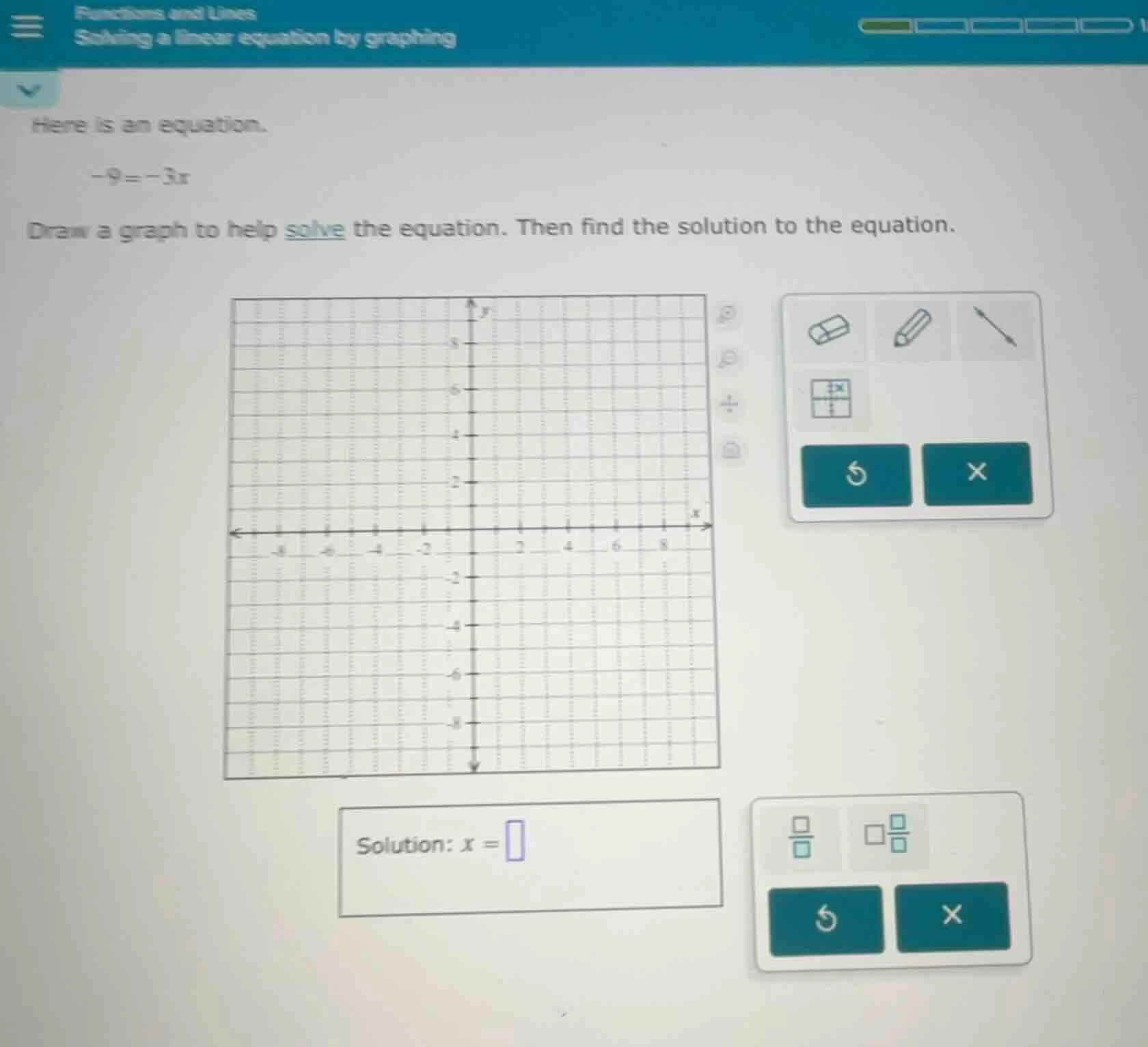 here is an equation. -9 = -3x draw a graph to help solve the equation. …