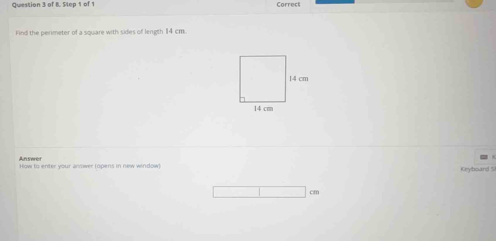 question 3 of 8, step 1 of 1 find the perimeter of a square with sides …