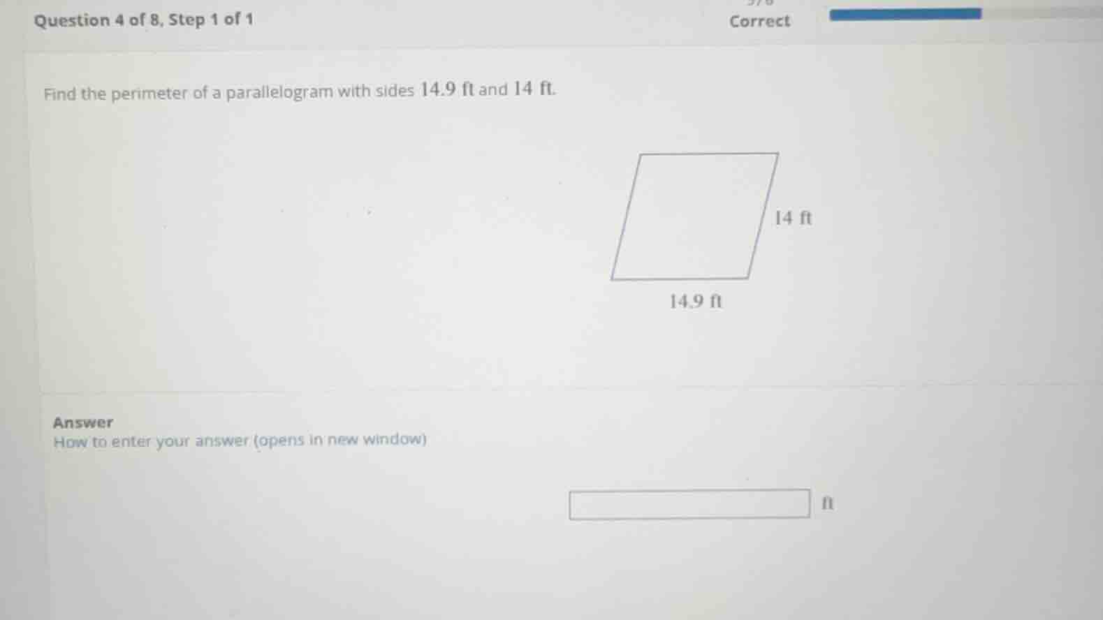 question 4 of 8, step 1 of 1 find the perimeter of a parallelogram with…