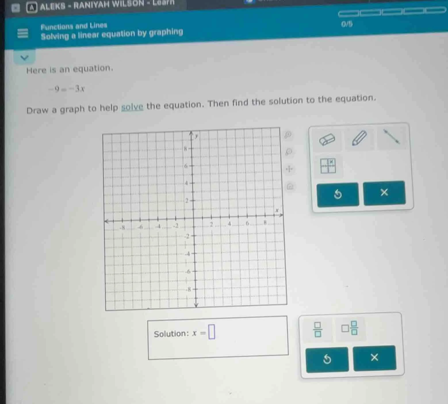 here is an equation. -9 = -3x draw a graph to help solve the equation. …