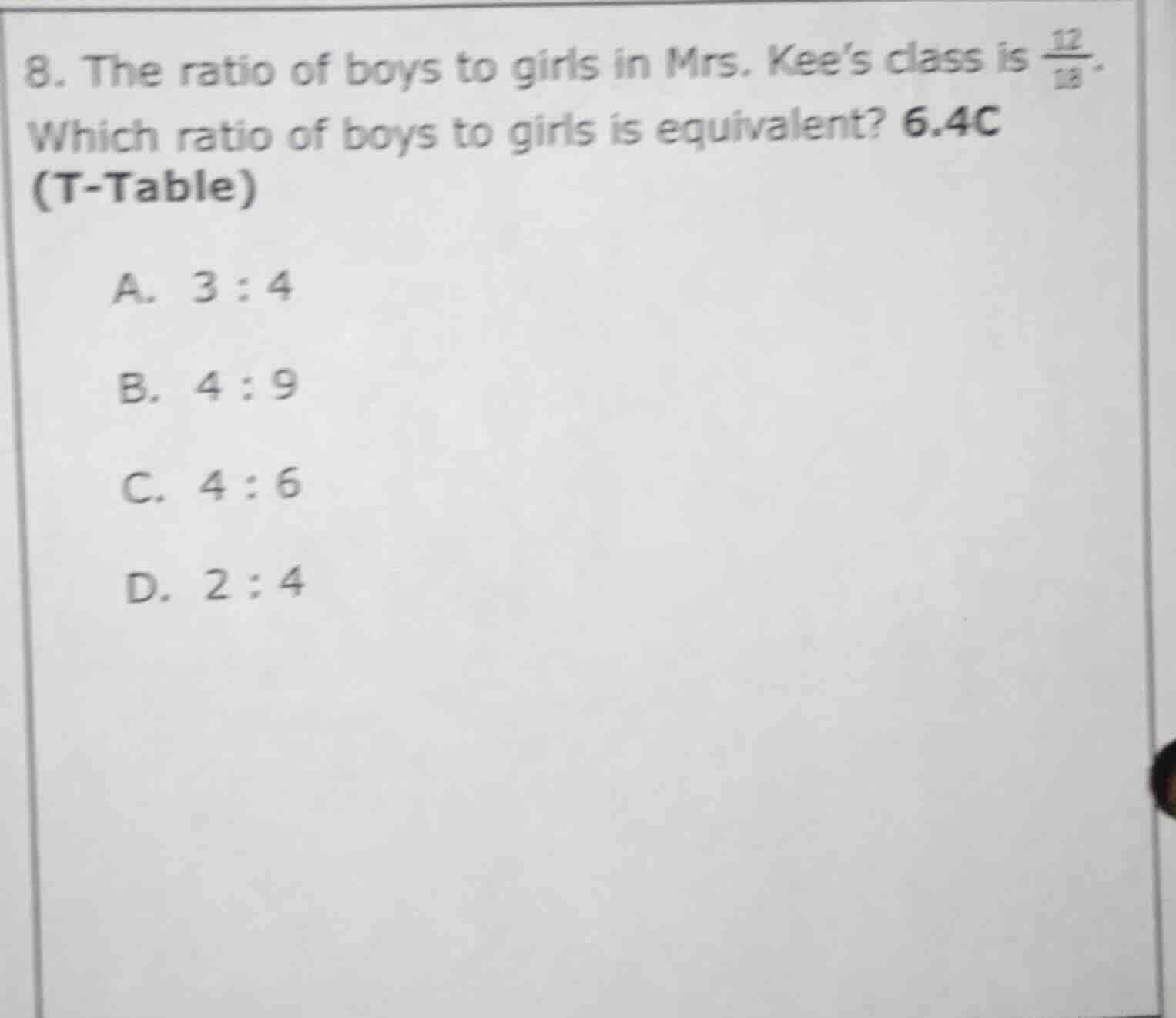 8. the ratio of boys to girls in mrs. kee’s class is \\(\frac{12}{18}\\…