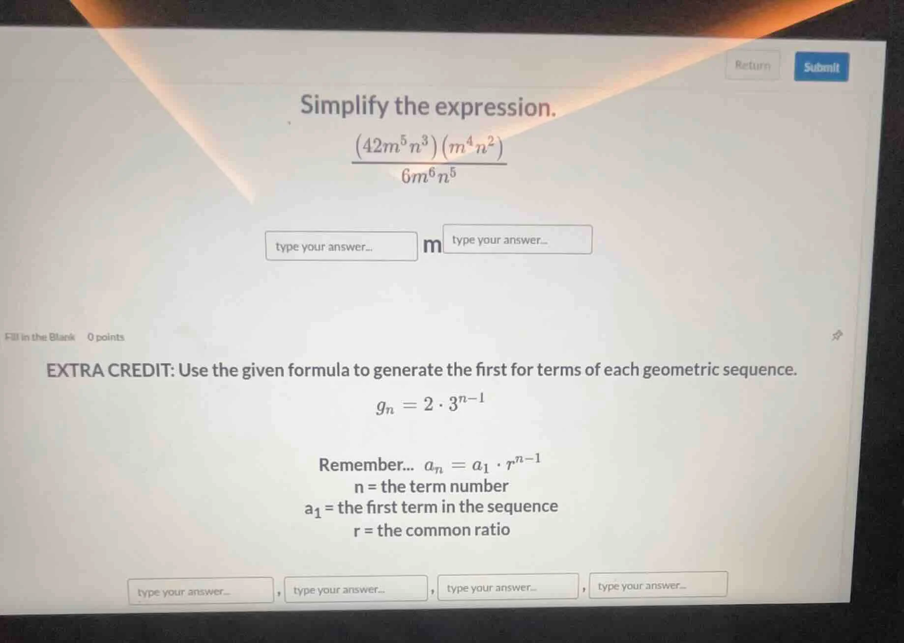simplify the expression. \\(\\frac{(42m^5n^3)(m^4n^2)}{6m^6n^5}\\) \\(\…