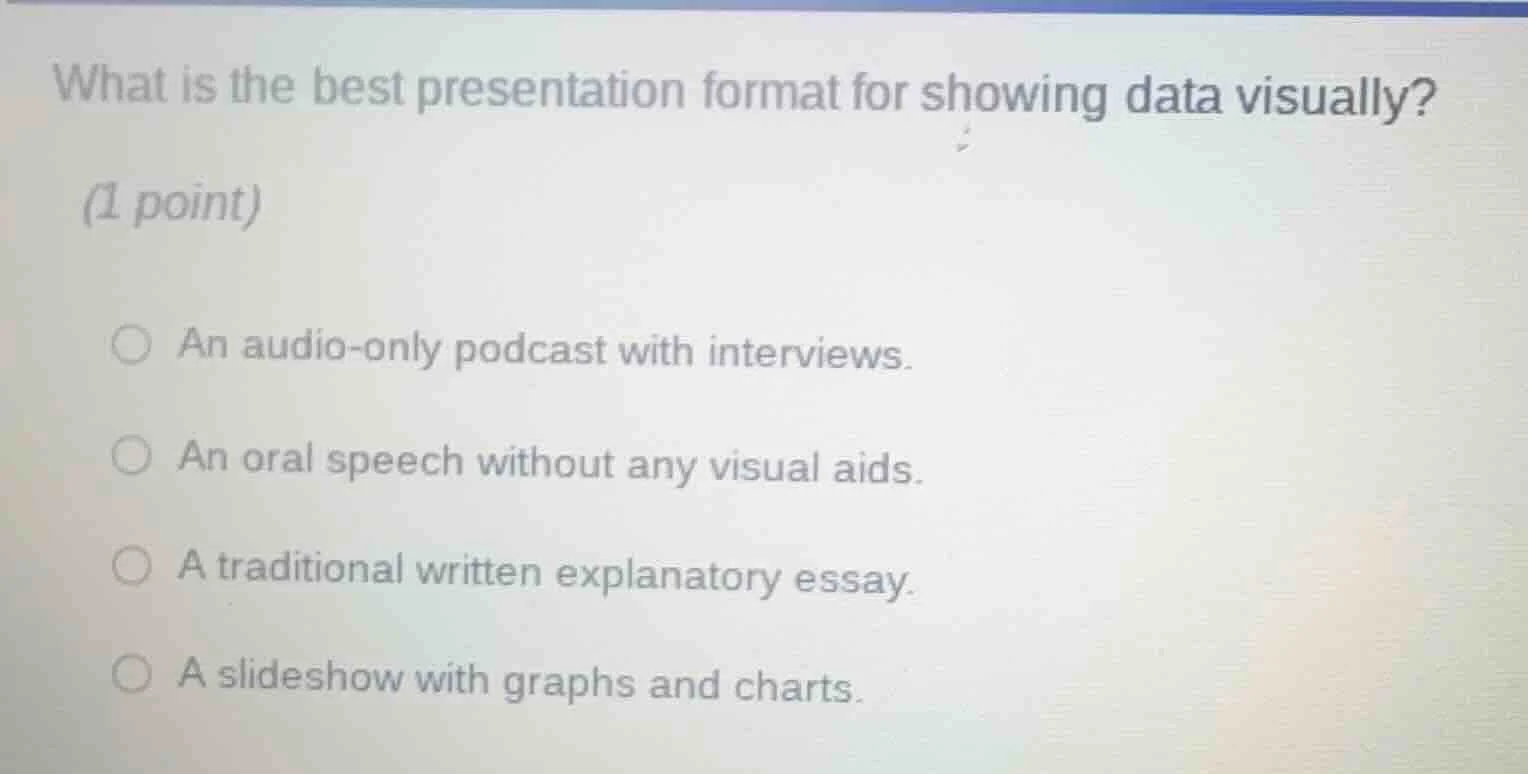 what is the best presentation format for showing data visually? (1 poin…