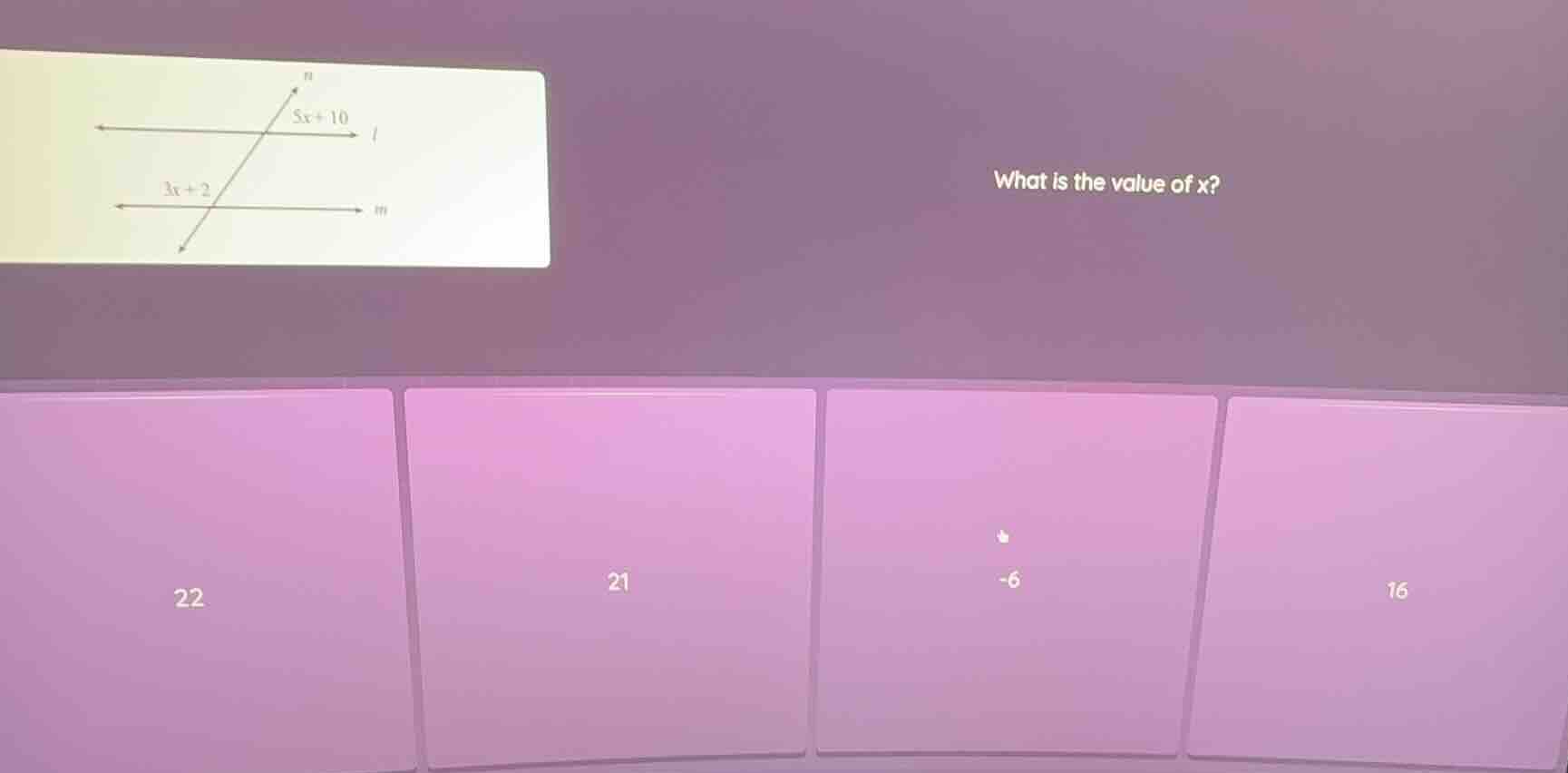 what is the value of x? 22 21 -6 16