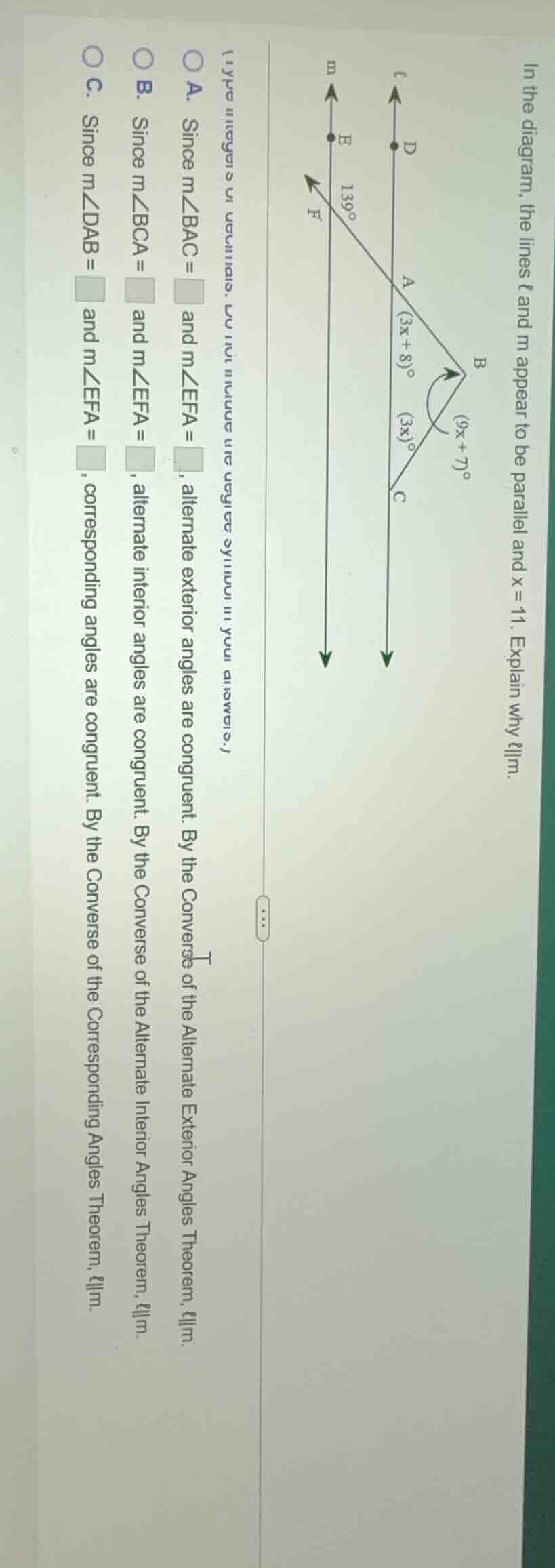 in the diagram, the lines ( ell ) and ( m ) appear to be parallel and (…