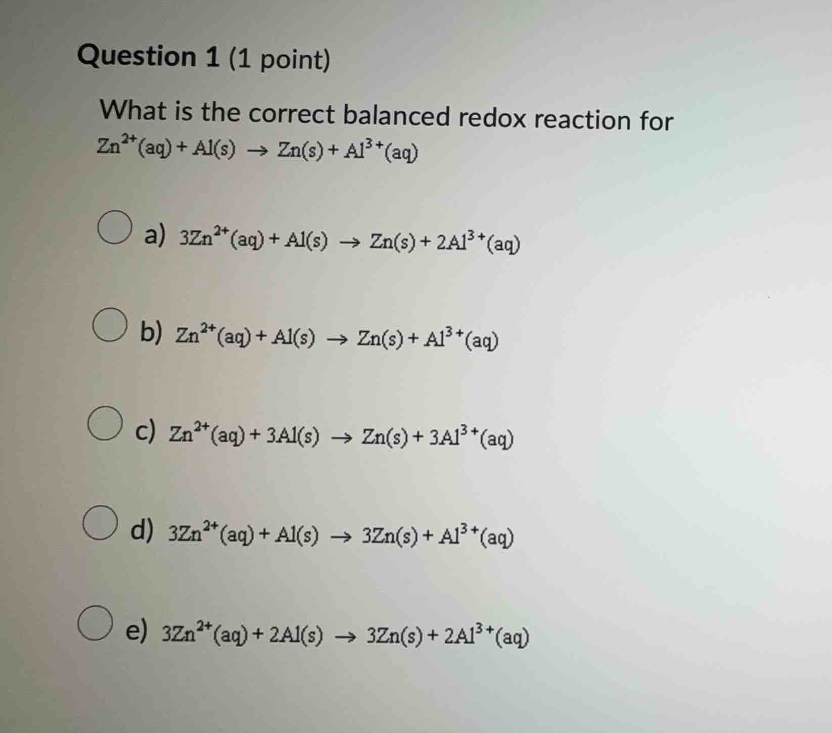 question 1 (1 point) what is the correct balanced redox reaction for $m…