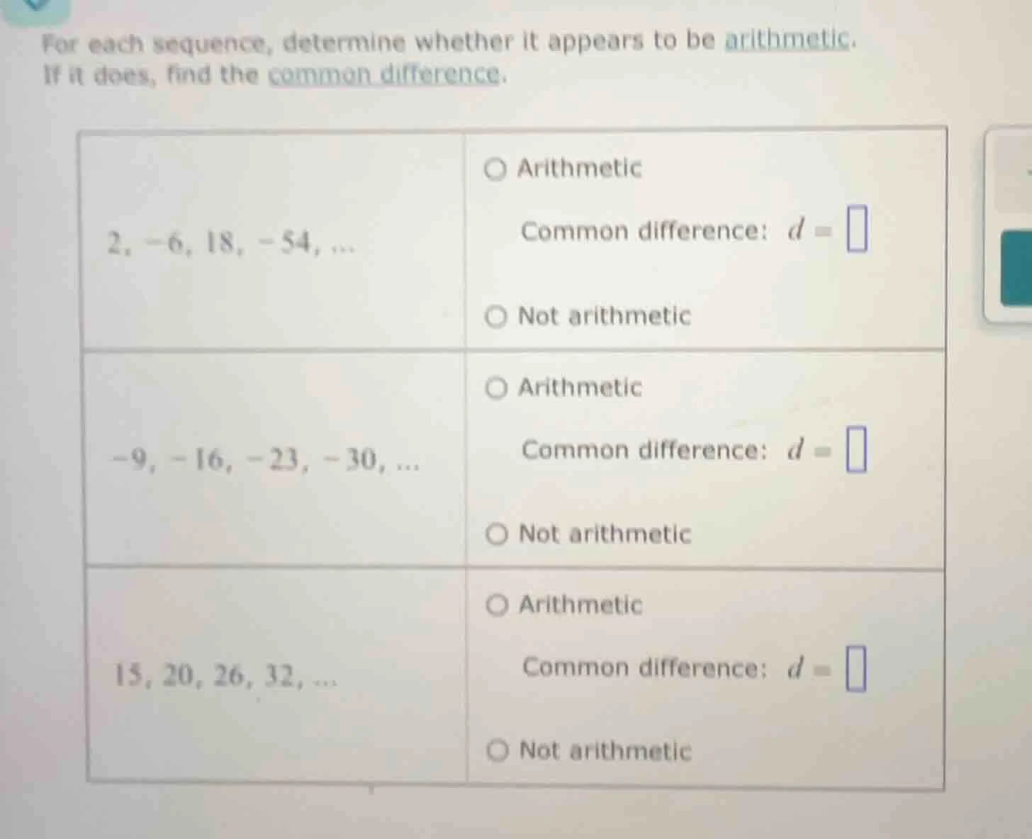 for each sequence, determine whether it appears to be arithmetic. if it…