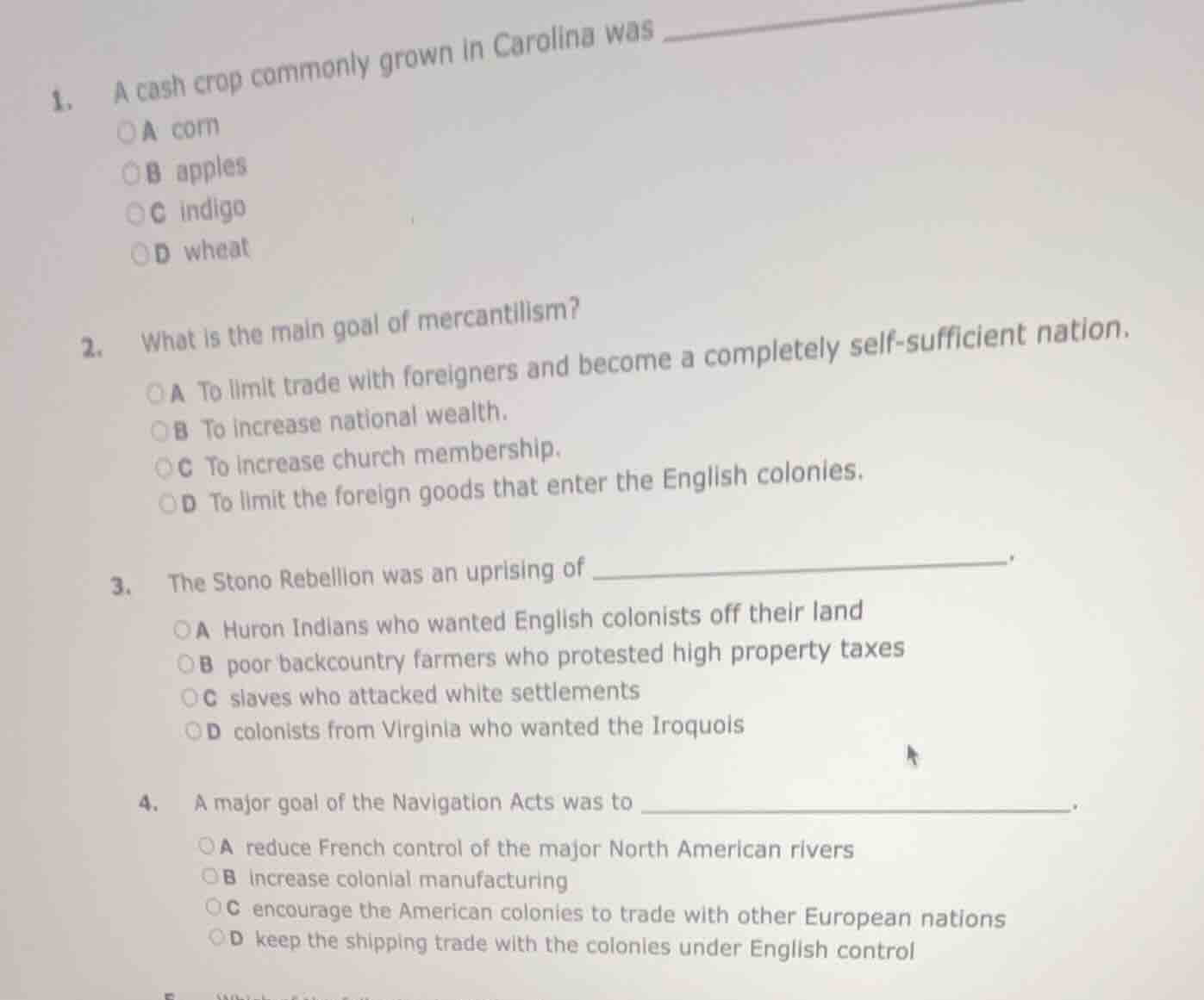 1. a cash crop commonly grown in carolina was a corn b apples c indigo …