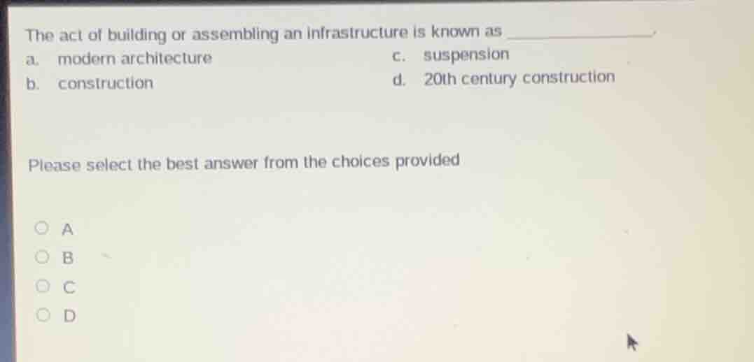 the act of building or assembling an infrastructure is known as _______…