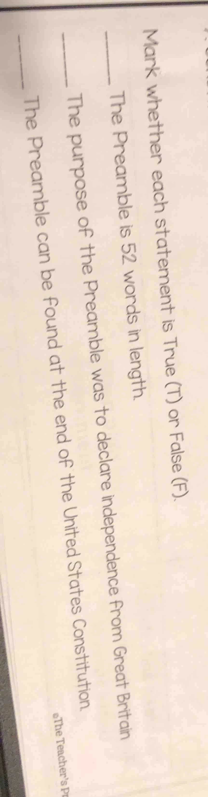 mark whether each statement is true (t) or false (f). the preamble is 5…