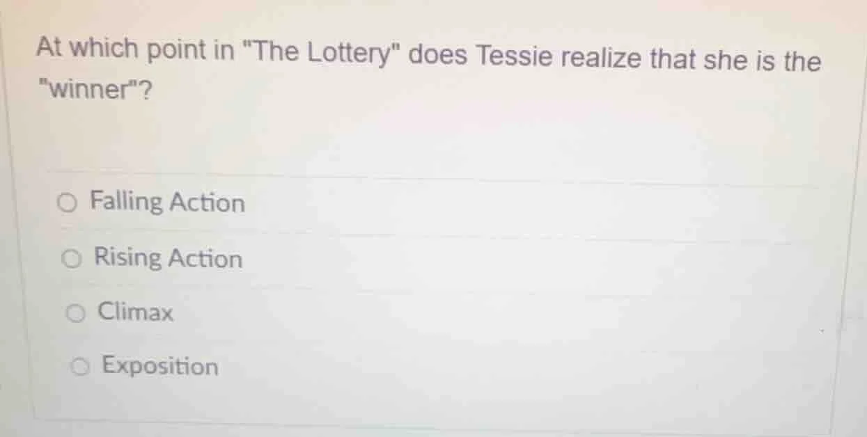 at which point in \the lottery\ does tessie realize that she is the \wi…