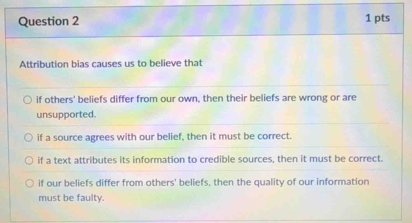 question 2 1 pts attribution bias causes us to believe that if others b…