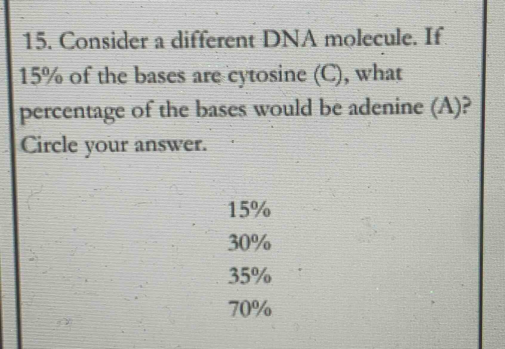 15. consider a different dna molecule. if 15% of the bases are cytosine…