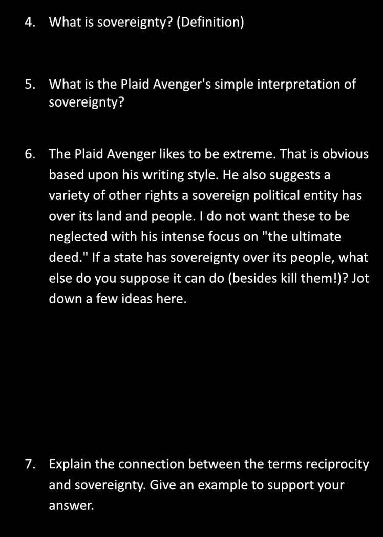 4. what is sovereignty? (definition) 5. what is the plaid avengers simp…