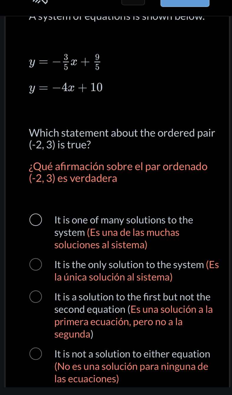 a system of equations is shown below. $y = -\frac{3}{5}x + \frac{9}{5}$…