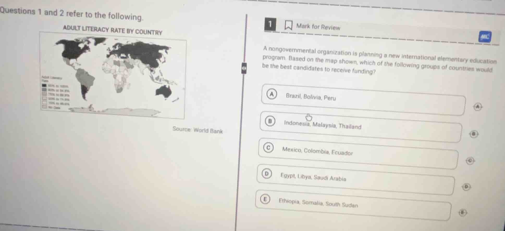questions 1 and 2 refer to the following. adult literacy rate by countr…
