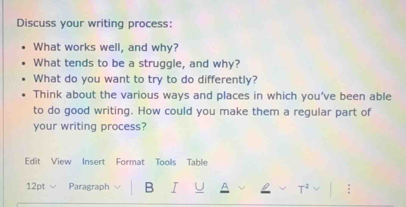 discuss your writing process: - what works well, and why? - what tends …