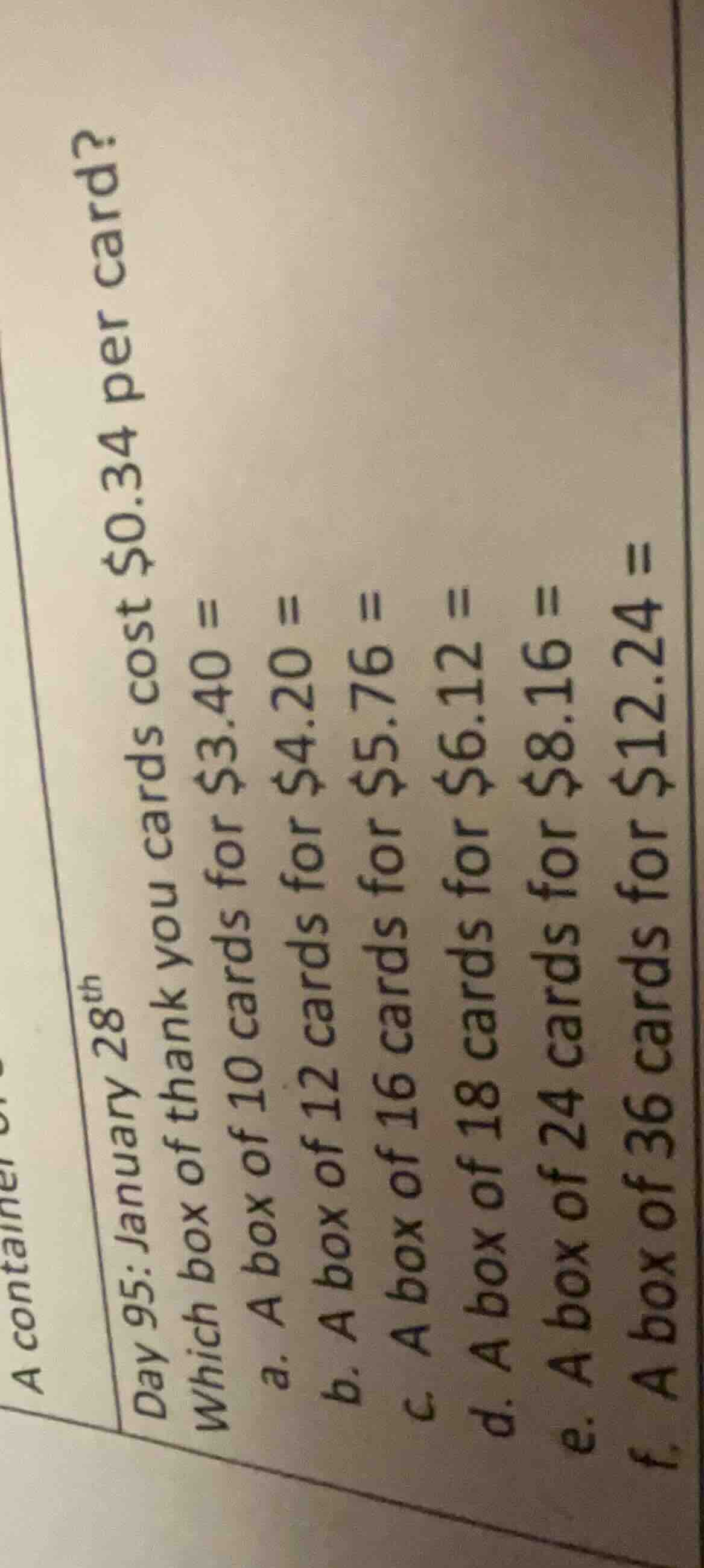 day 95: january 28th which box of thank you cards cost $0.34 per card? …