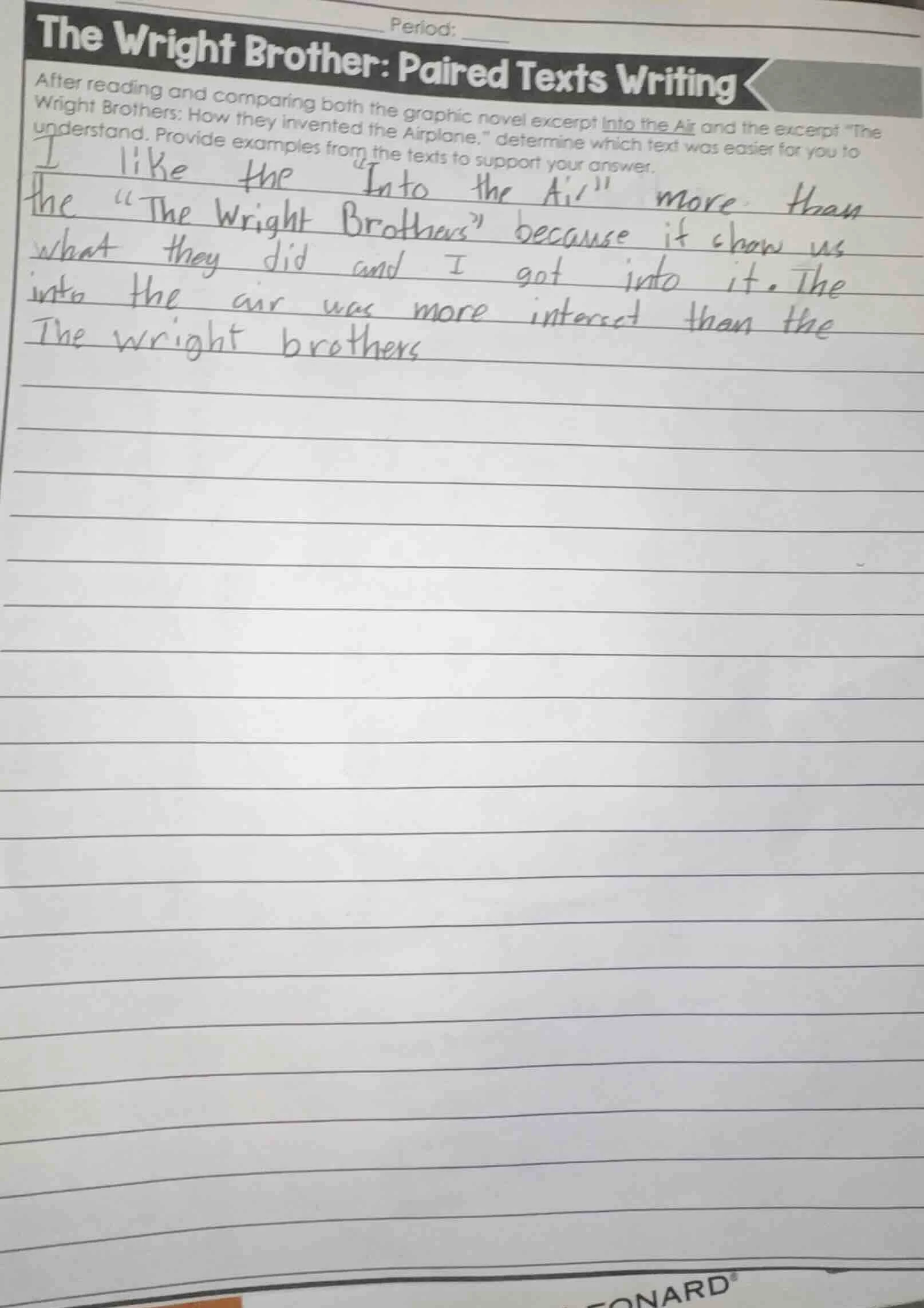 period: the wright brother: paired texts writing after reading and comp…