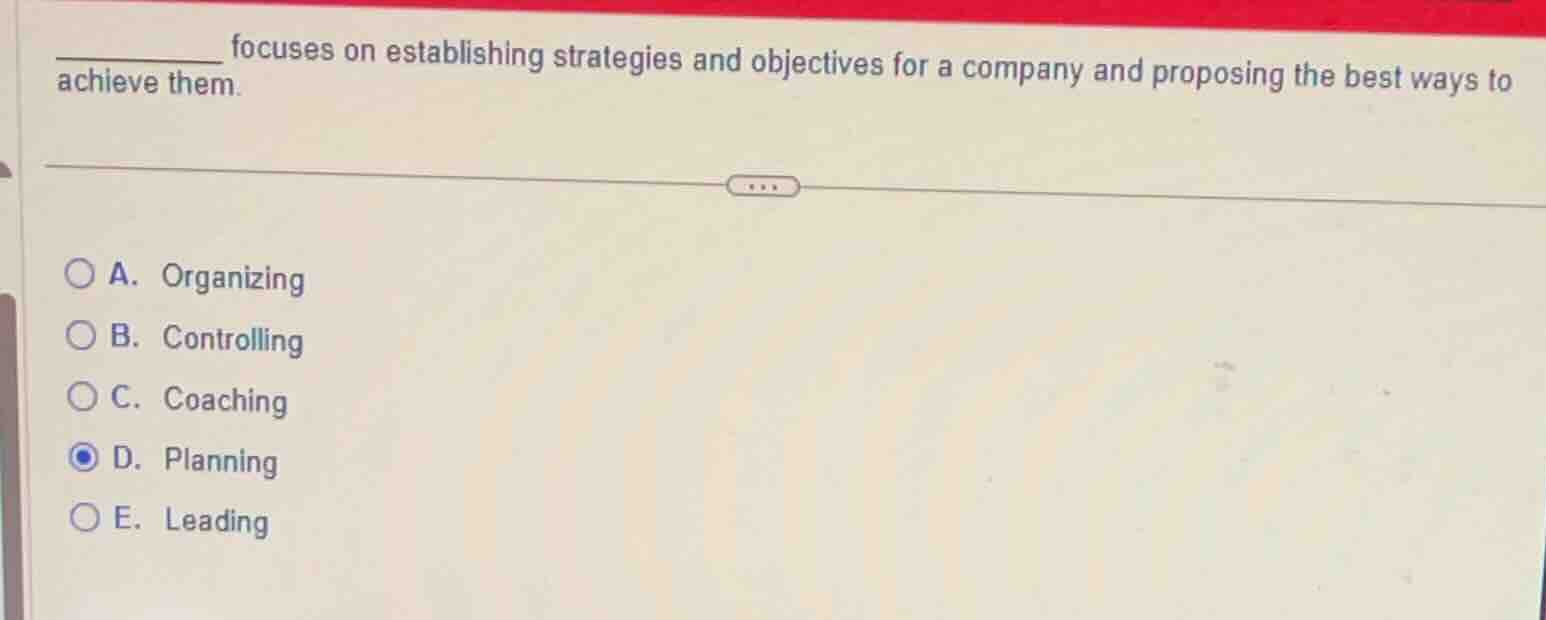 ______ focuses on establishing strategies and objectives for a company …