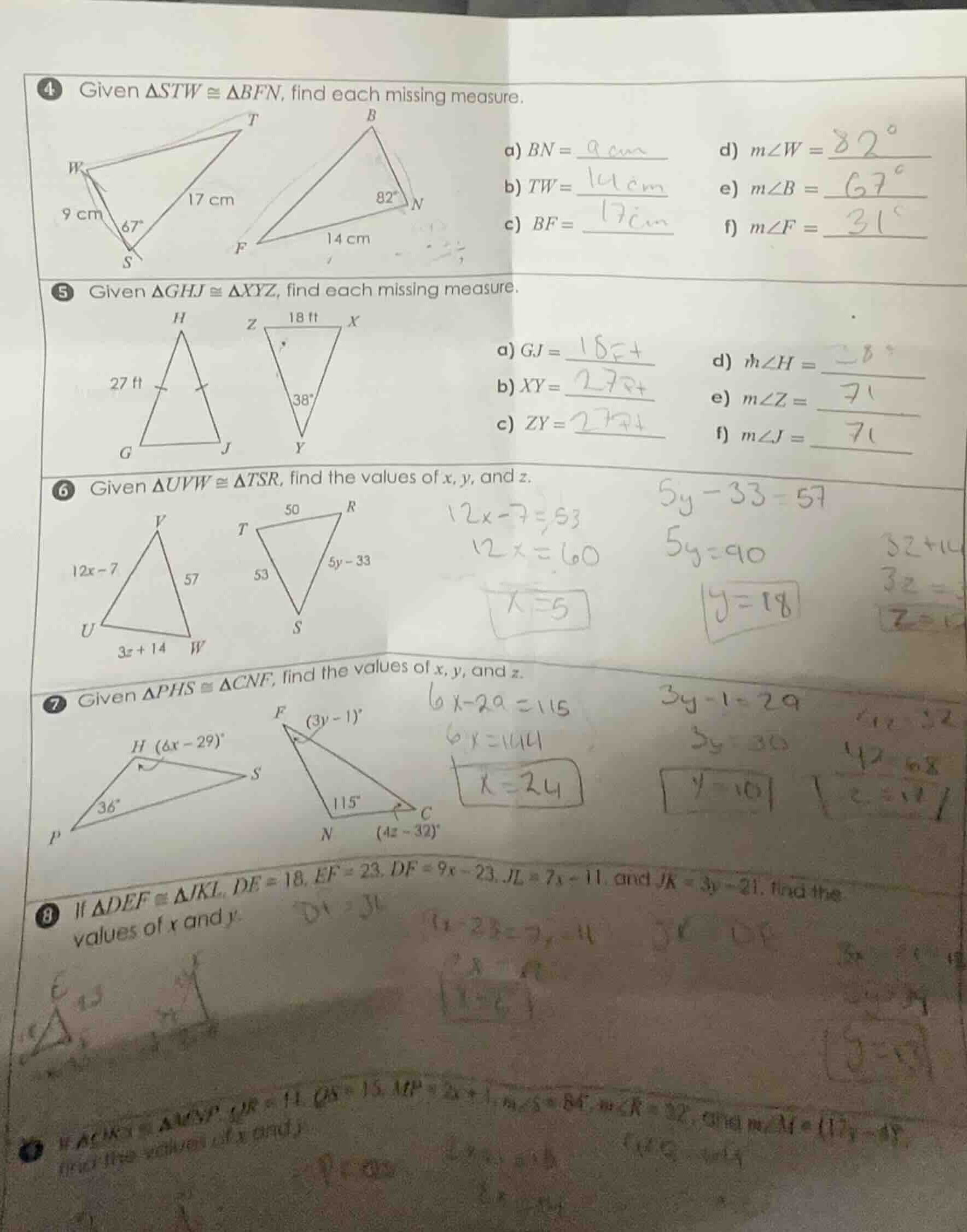 4 given $\\triangle stw \\cong \\triangle bfn$, find each missing measu…